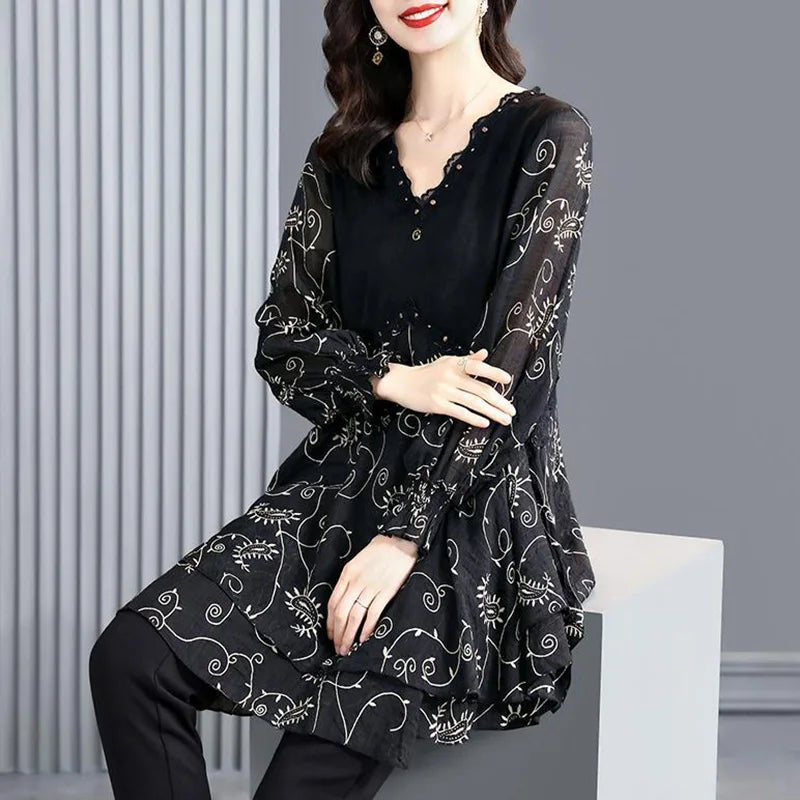 Vintage Printed V-Neck Spliced Ruffles Lace Beading Blouse Women's Clothing 2023 Autumn New Casual Pullovers Office Lady Shirt