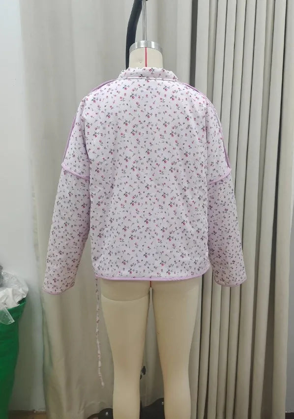 2024 New Pink Floral Cotton Coats Women Fashion V-neck Full Sleeve Lace Up Loose Jacket Autumn And Winte Chic Warm Lady Outwear