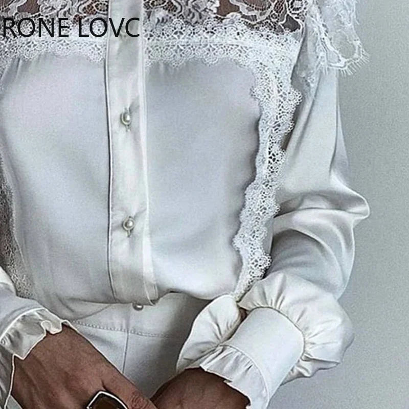 Women Solid Lace Decoration Fungus Hem Mesh Button Long Lantern Sleeves Stand Collar Sweet White BlousesTops