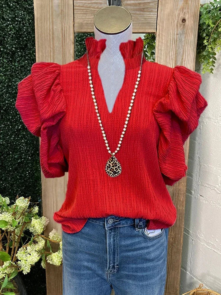 Textured Puff Sleeve Ruffled V-neck Top Solid Ribbed T-Shirt Casual Puff Sleeve Blouses For Spring & Summer