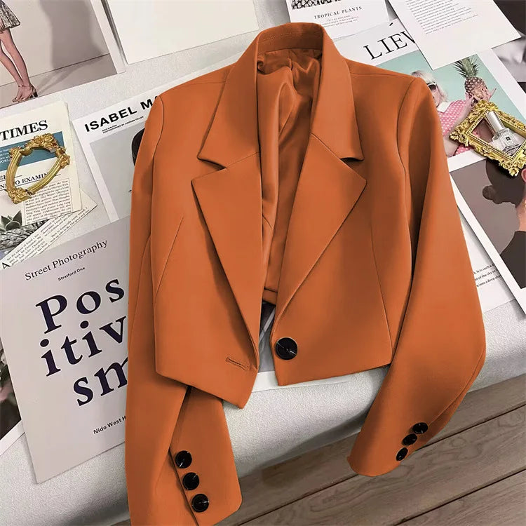 Korean Cropped Blazers Women Autumn Solid Color Simple Single-button Outwear Teens All-match Long Sleeve Office Lady Suit Jacket
