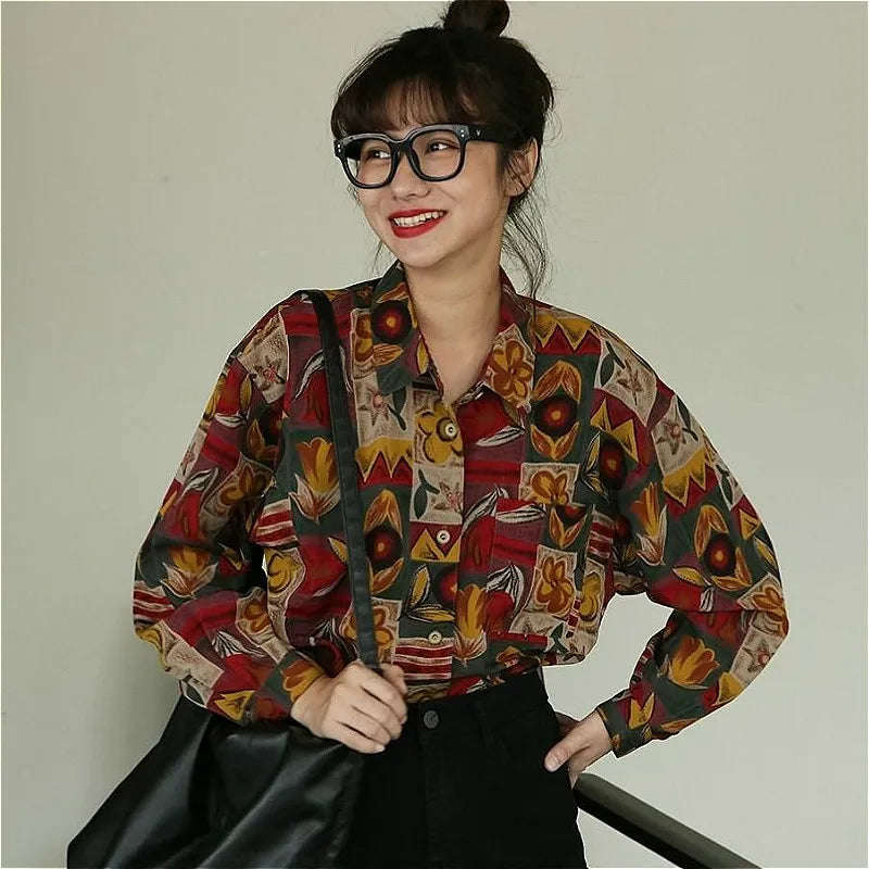 Blouses Shirts Women Printed Loose Spring Autumn All-match Fashion Harajuku Streetwear Students Vintage Retro Femme Shirt New