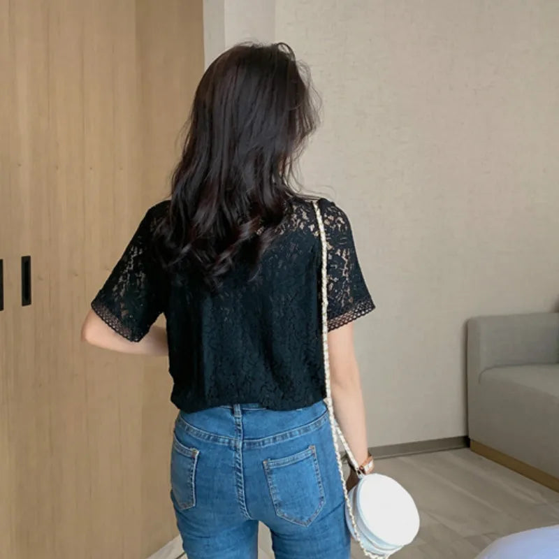 Cropped Shirts Women Short Sleeve O-Neck Casual Lace Hollow Out Elegant Fashion Retro All-match Slim Summer Chic Top Ulzzang Ins