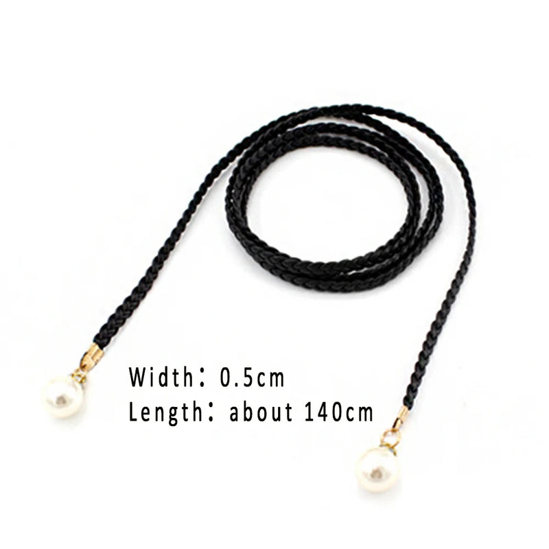 140CM Long Vintage Bohemian Knot Thin Belt Women Elegant Pearl Elastic Braided Waistband Female Summer Seaside Dress Waist Ropes