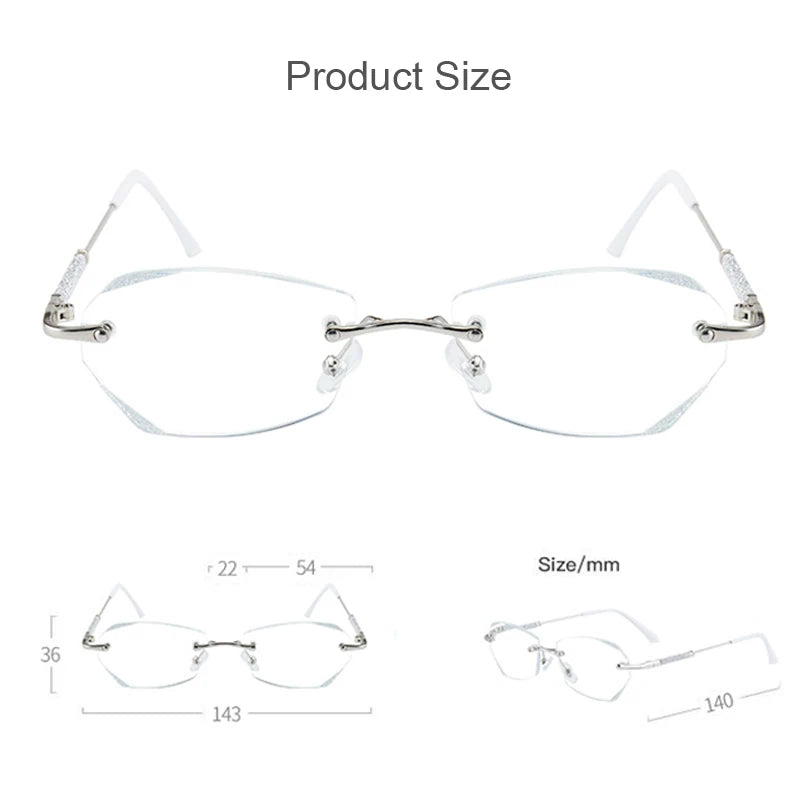 Women's Reading Glasses Fashion Rimless Diamond Cutting Frame Presbyopic Eyeglasses Optical Farsighted Eyewear Diopter 0 To +4.0