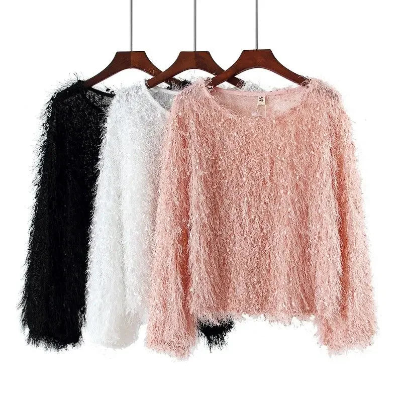 Blouse Women Tassel Long Sleeve Top O-neck Short Furry Blusas Ropa De Mujer