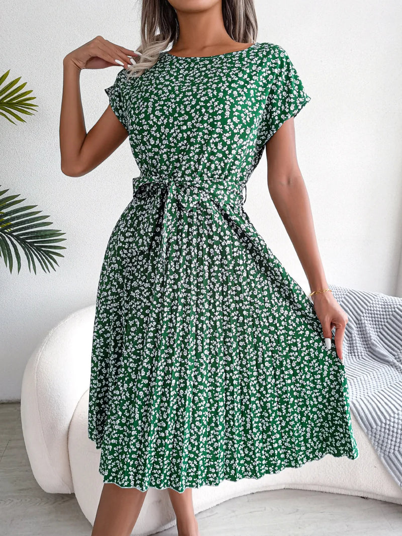 Women Spring Summer Short Sleeve High Waist Chic Dress Fashion Floral Pleated A Line Long Dress