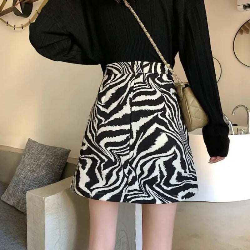 Korean Zebra Print Midi Skirt Women Autumn New Female A-line High Waist Loose Skirts Vintage Mini Skirt