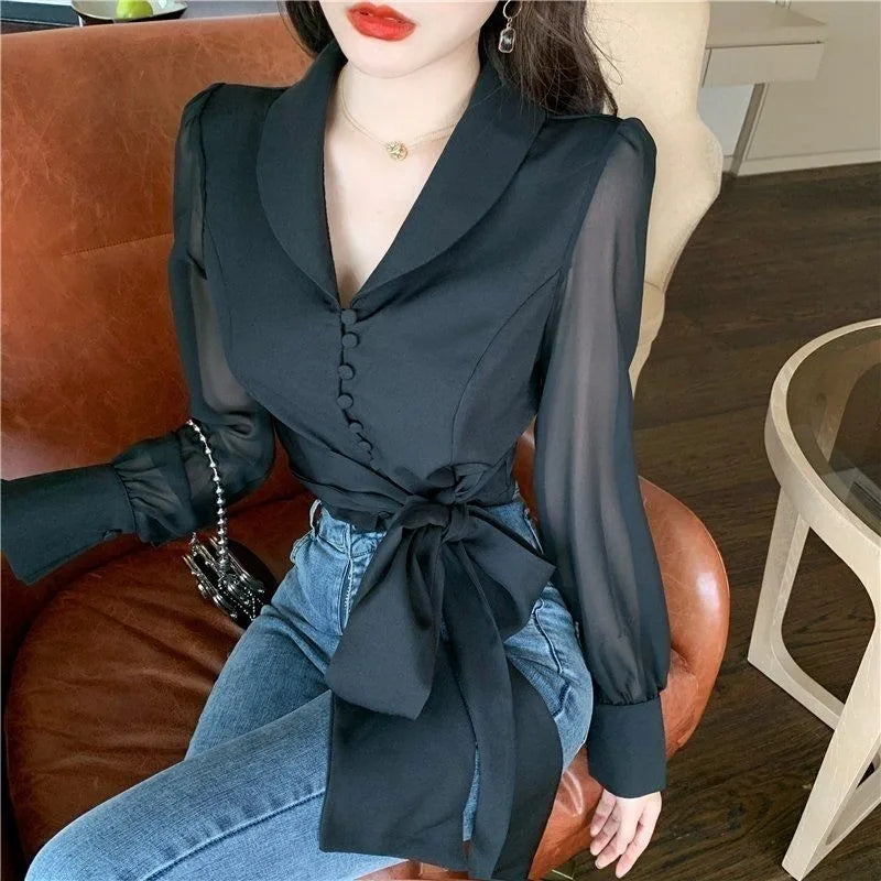 Shirts Women Solid Turn-down Collar Ins Abdomen Cropped Leisure Korean Style Fashionable Ladies Clothes Long Sleeve Stylish Chic