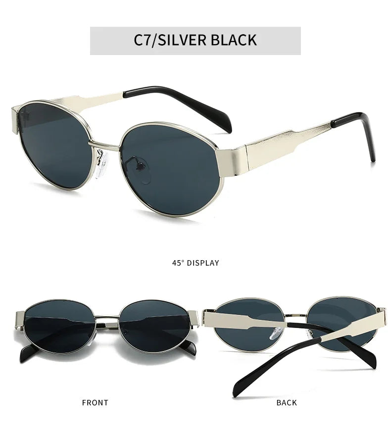 Trendy Oval Sunglasses for Women 2024 Luxury Brand Designer Metal Frame Sun Glasses Ladies Classic Vintage Round Shades Unisex