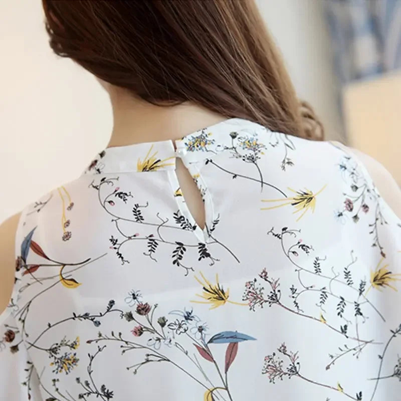 New Chiffon Print Blusas Floral Shirt For Womens Elegant Open Shoulder Blouses Women Ete Loose Female Tops Clothing 825C 30