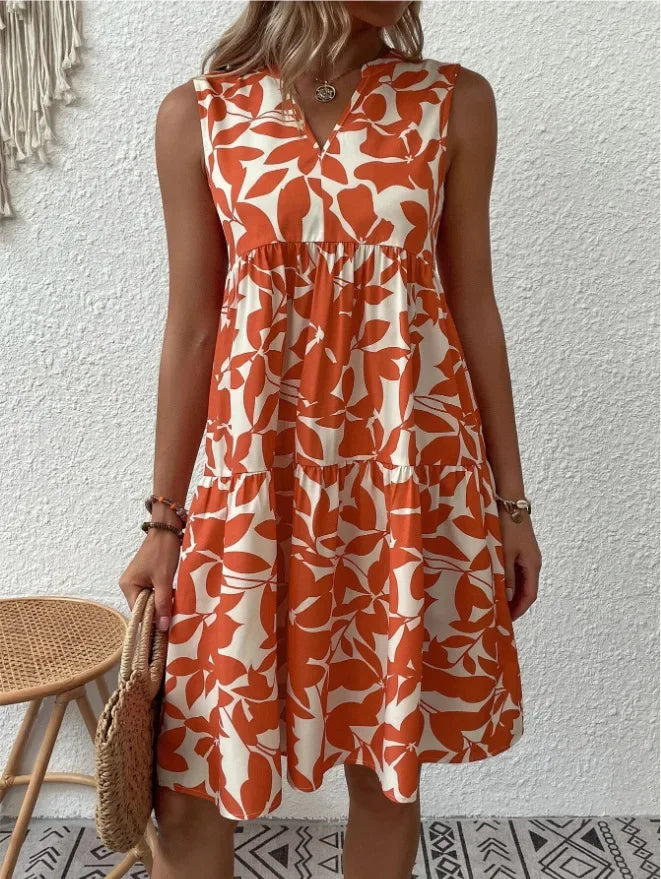 Women Boho Print Mini Dress Summer Elegant Sleeveless V Neck Ruffle A Line Tank Dress Casual Loose Oversize Beach Party Sundress