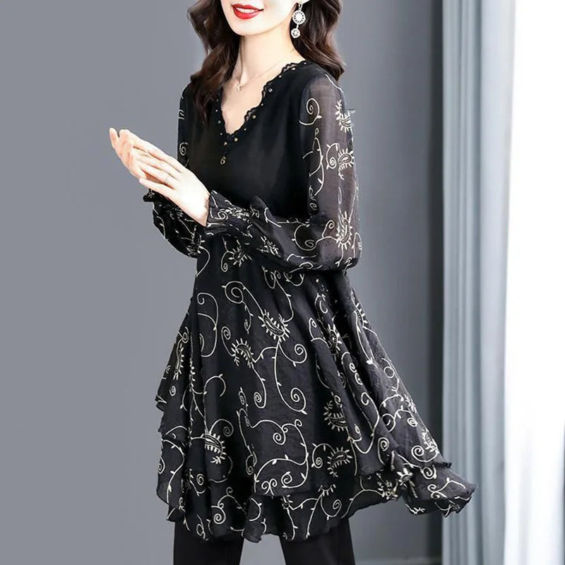 Vintage Printed V-Neck Spliced Ruffles Lace Beading Blouse Women's Clothing 2023 Autumn New Casual Pullovers Office Lady Shirt