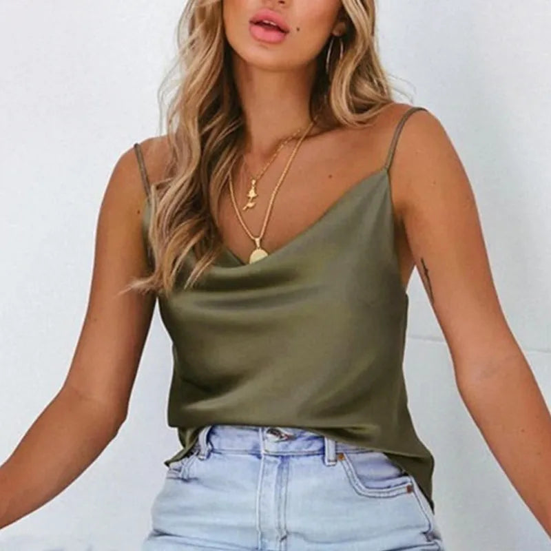 Women Summer Silk Satin Top Camis Tanks Sleeveless Spaghetti Straps Camisoles Strappy Shirts Sexy Tank Tops Ladies Solid Vest