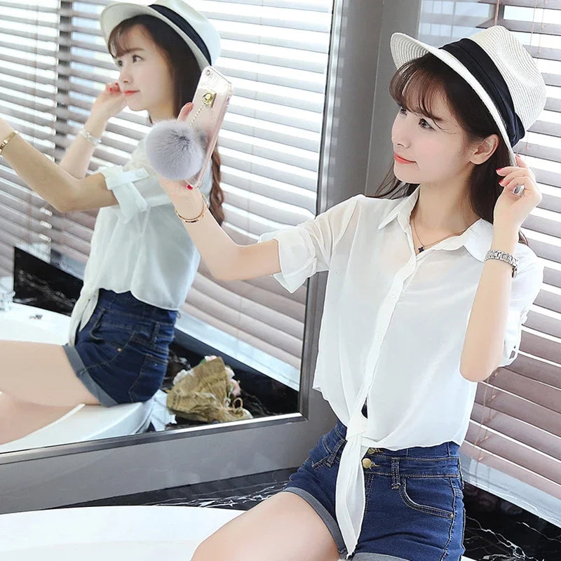 2024 Summer Half Sleeve Buttoned Up Shirt Women's Coat Female Sun Protection All-match Thin Short Sleeve Chiffon Cardigan 13556