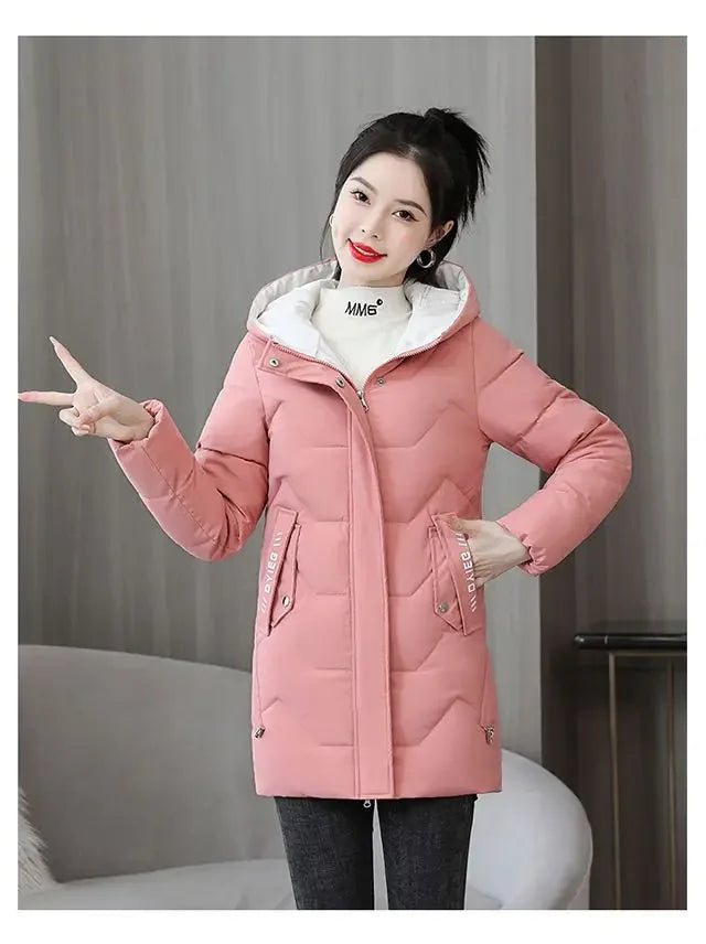 Winter Fashion Women Mid Length Down Cotton Jacket Korean Loose Thick Warm Padded Coat Female Hooded Parkas Outerwear Winter