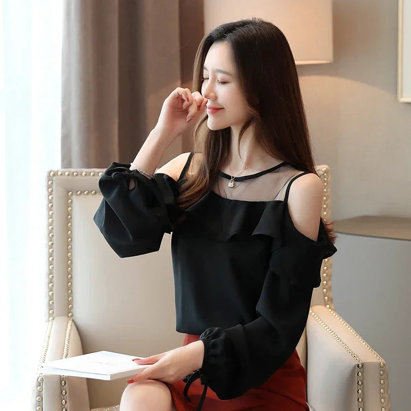 Casual Off Shoulder Tops Solid Long Sleeve Chiffon Blouse Blusas Mujer De Moda 2023 Autumn Women Tops and Blouse  6756 50