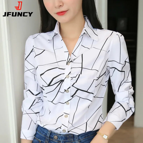 JFUNCY Women Tops and Blouses 2023 Stripe Print Elegant Long Sleeve Office Lady Work Wear Shirts Female Slim Blusas