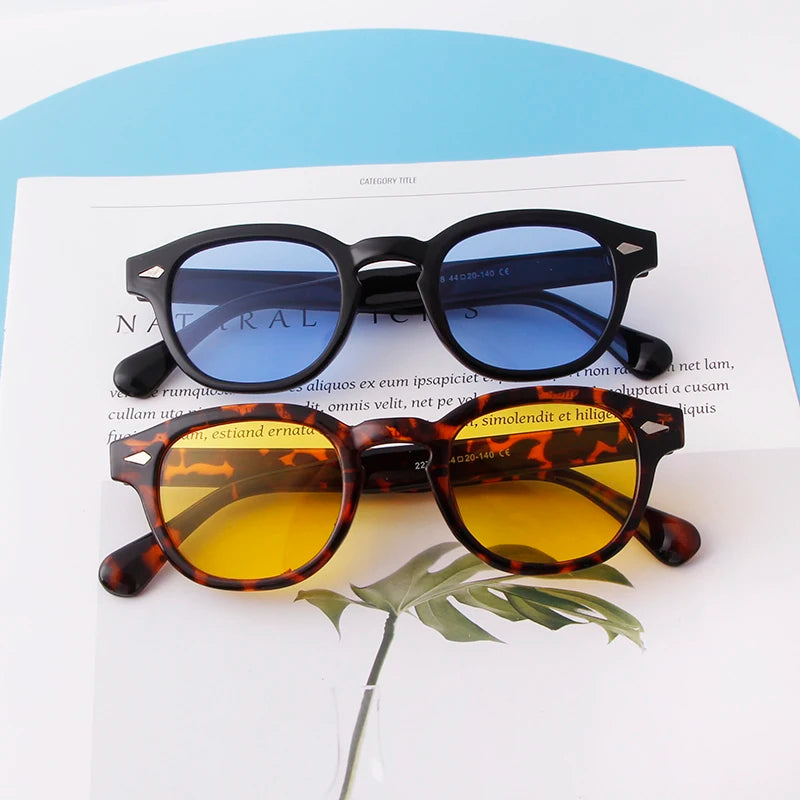 Vintage Tortoise Shell Round Sunglasses Women Men 2024 Brand Design Retro Rivet Yellow Blue Lens Square Sun Glasses Female UV400