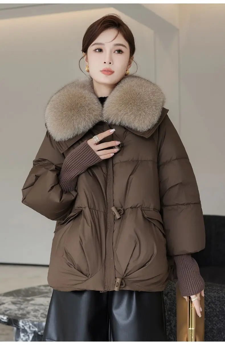 Winter New Fur Collar Puffer Down Parka Loose Down Warmer Thicken Snow Jacket Pocket Zipper Faux Fur Outerwear Female