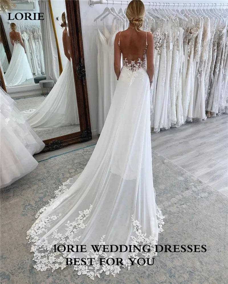 LORIE Lace Boho Wedding Dresses V Neck Spathetti Straps A Line Bride Dresses Floor Length Chiffon Wedding Gowns 2023
