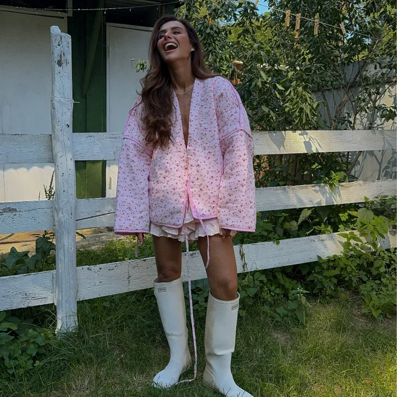 2024 New Pink Floral Cotton Coats Women Fashion V-neck Full Sleeve Lace Up Loose Jacket Autumn And Winte Chic Warm Lady Outwear