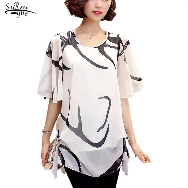 New Fashion Loose 4XL Chiffon Women Blouse Shirt Short Sleeve Summer Tops Print Chiffon Blouse Shirt Clothing Blusas 60A 30