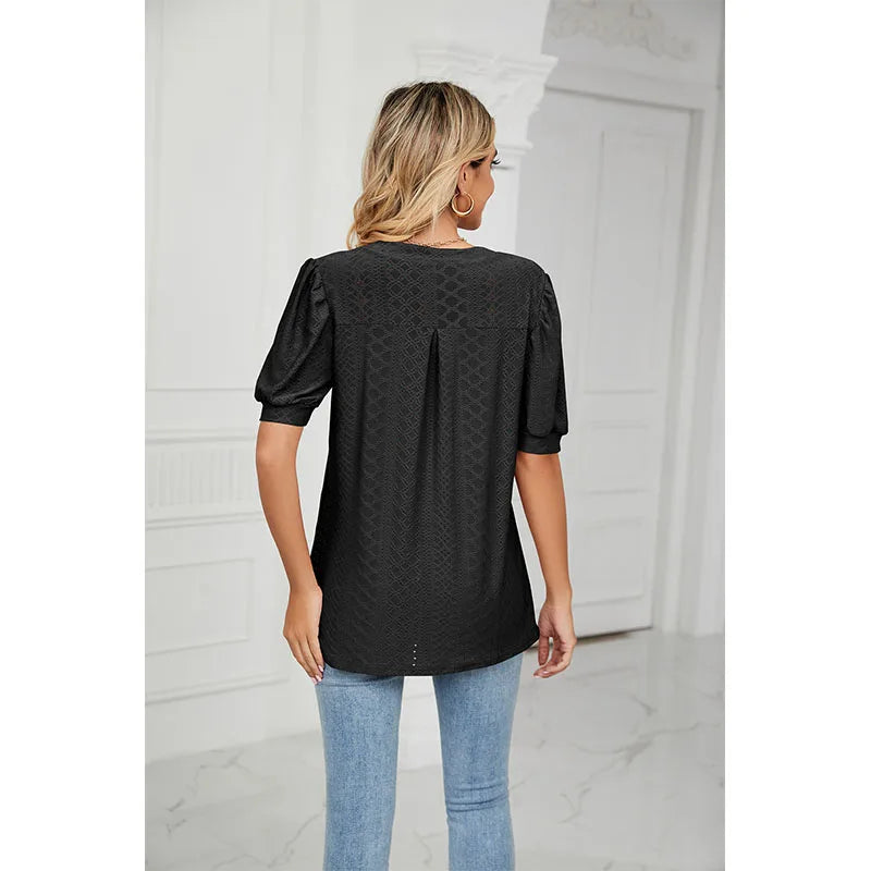 Solid Elegant V-Neck Loose Blouses For Women Fashion 2023 Summer Women's Puff Sleeve Shirts And Blouse Female Hollow Out Top