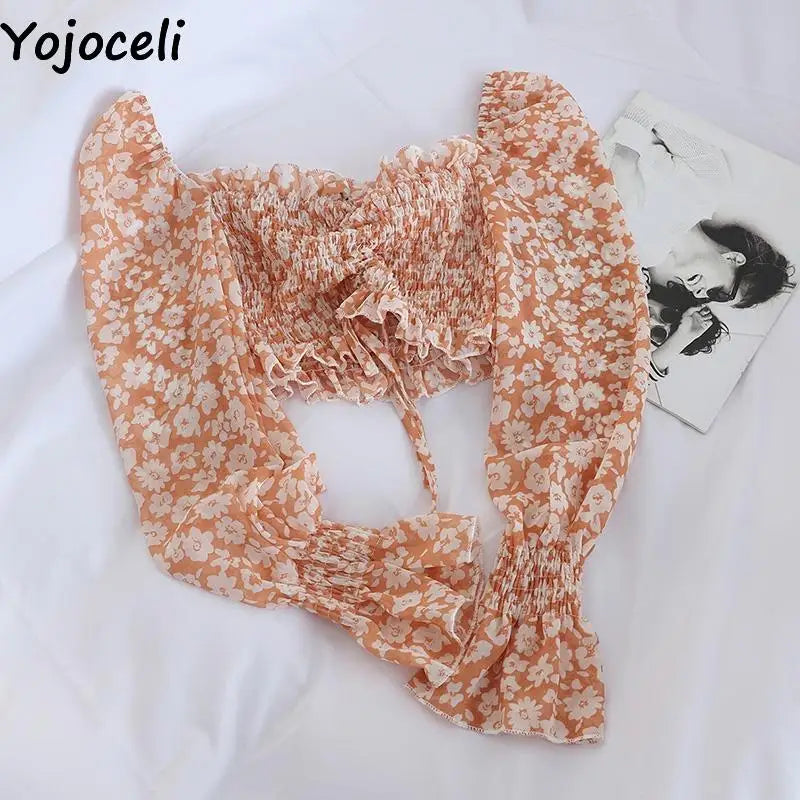 Yojoceli Sexy pleated print chiffon blouse women Autumn beach casual short crop top female Cool elegant ruffle blouse