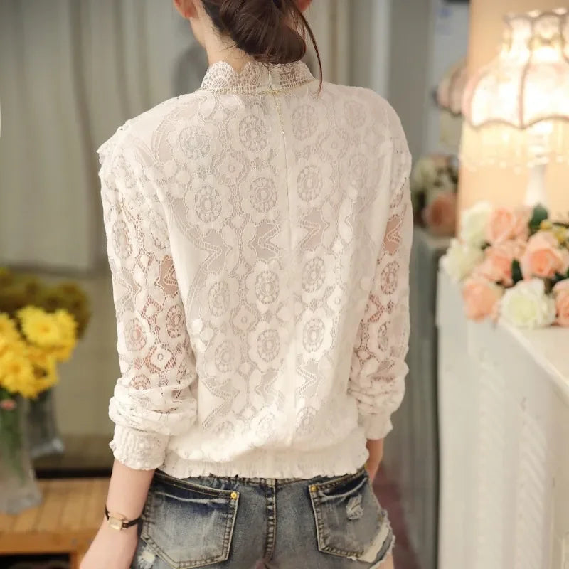 New Arrival 2023 Autumn Women Blouses Long Sleeve Fashion Casual Chiffon Shirts Stand Floral Lace Blouses Casaul Tops 07F 25