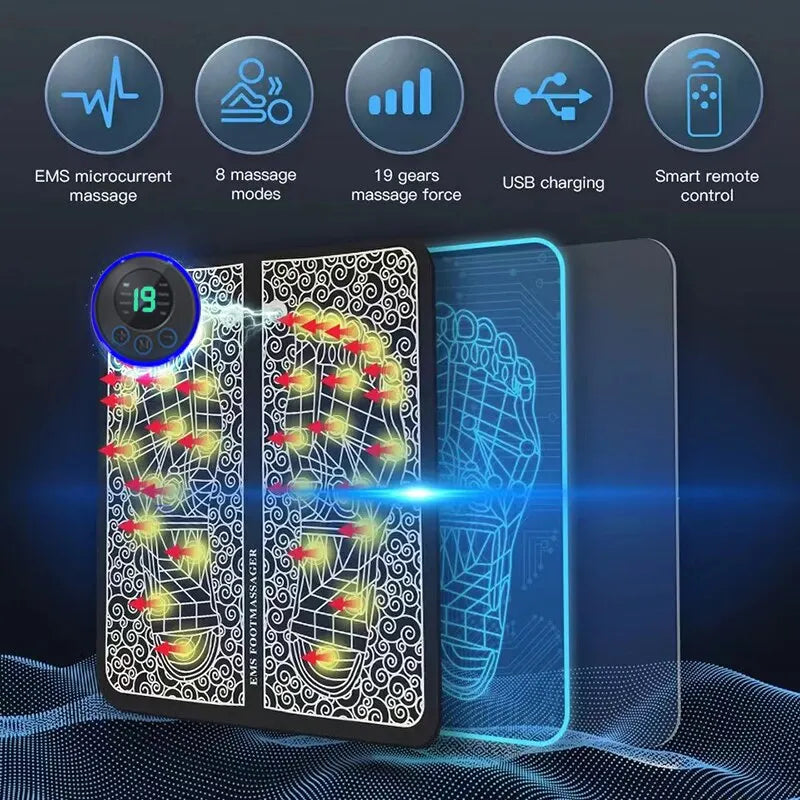 Foot Massger Sole Massage Pad Feet Muscle Stimulation 8 Modes 19 Level Relaxation USB Charging