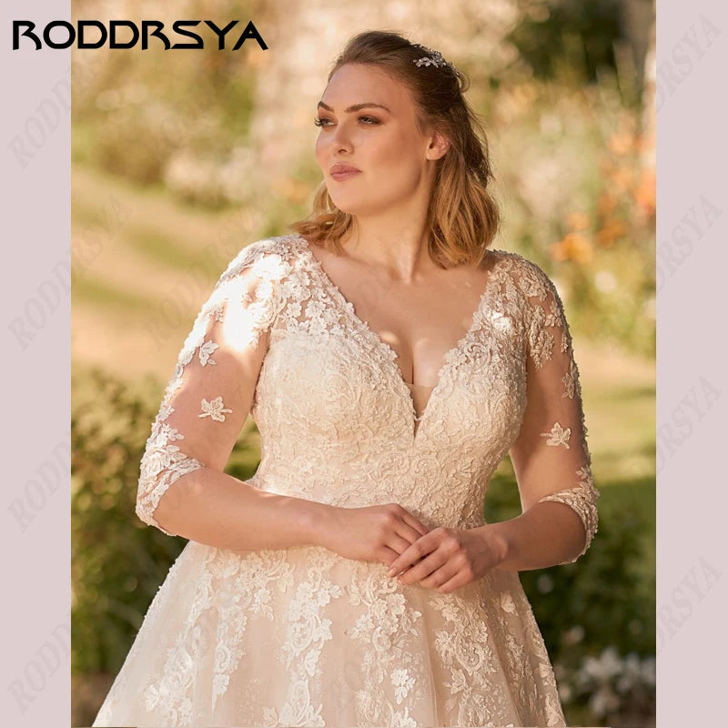 RODDRSYA Boho Tulle Wedding Dress Princess A-Line V-Neck 3/4 Sleeves Bride Party Appliques Illusion Backless Lace Up Bridal Gown