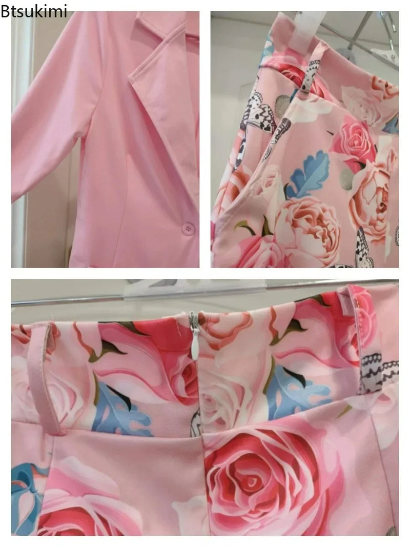 2024 Spring Summer Women's Two Piece Casual Sets Elegant Blazer Suit and Floral Print Shorts Ladies Matching Set Blazer Shorts