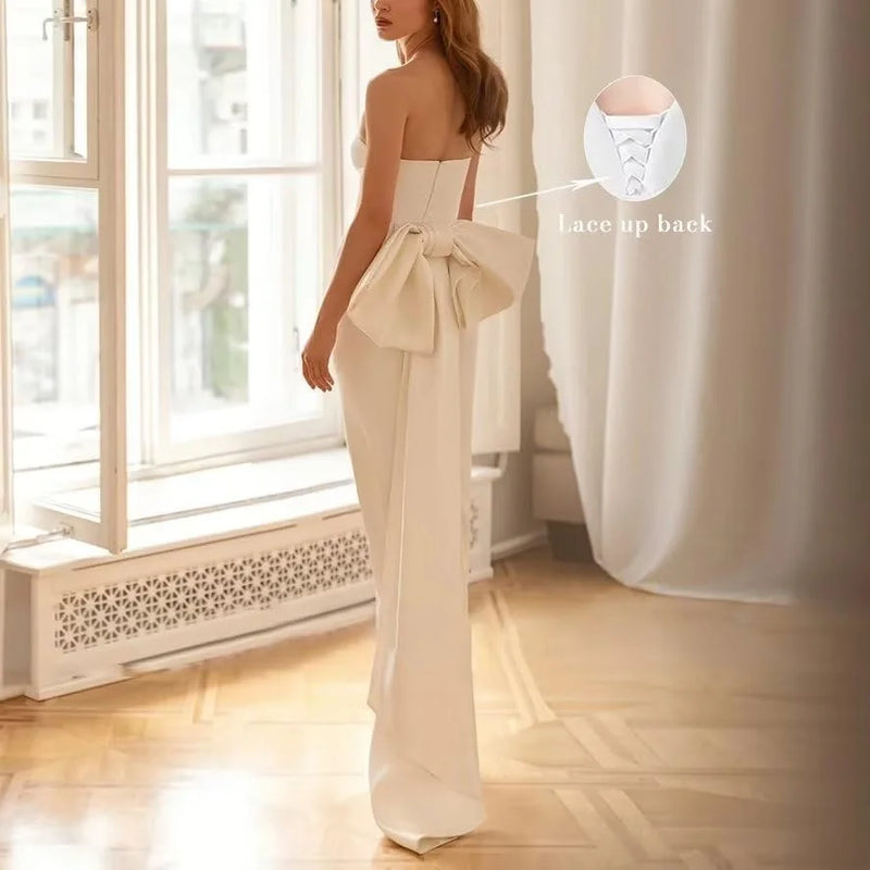 Simple Sexy White Wedding Dress Mermaid Backless With Bow Pleat Satin Bridal Gown Strapless Sleeveless Mid-Calf Court Train 2024