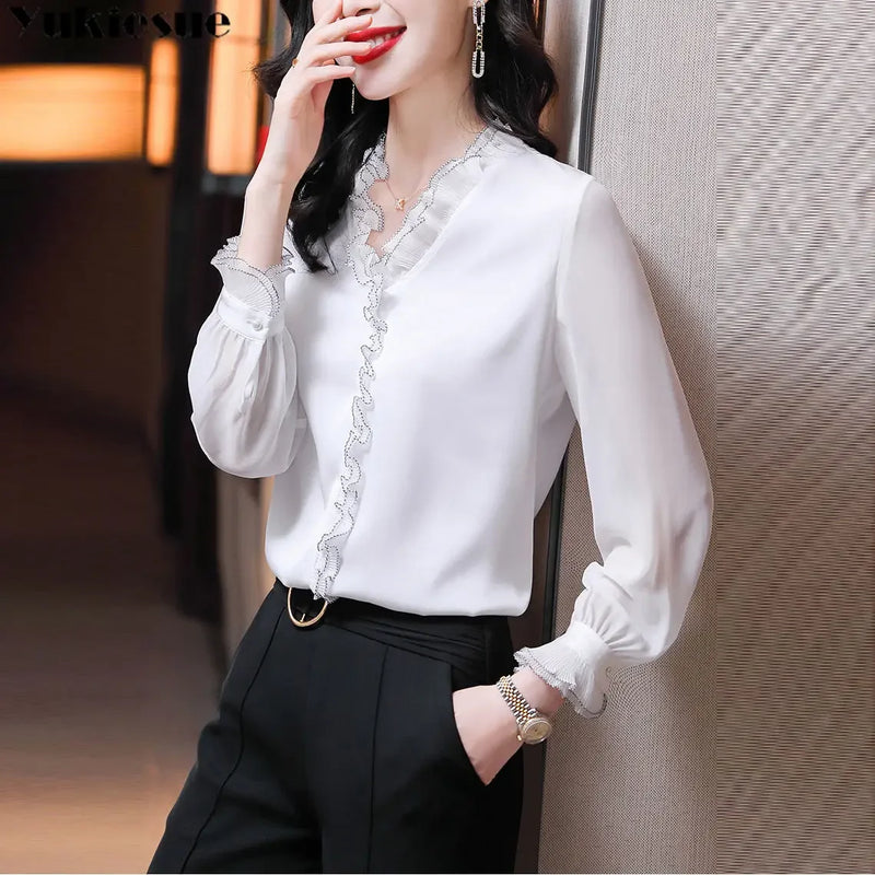 BLUSAS 2022 Spring New Office Lady Long Sleeve Pullovers Lace Ruffles Chiffon Shirts Women's Clothing Vintage Elegant Blouse 4XL