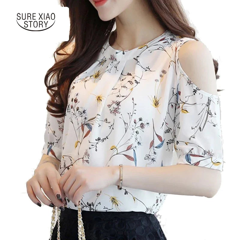 New Chiffon Print Blusas Floral Shirt For Womens Elegant Open Shoulder Blouses Women Ete Loose Female Tops Clothing 825C 30