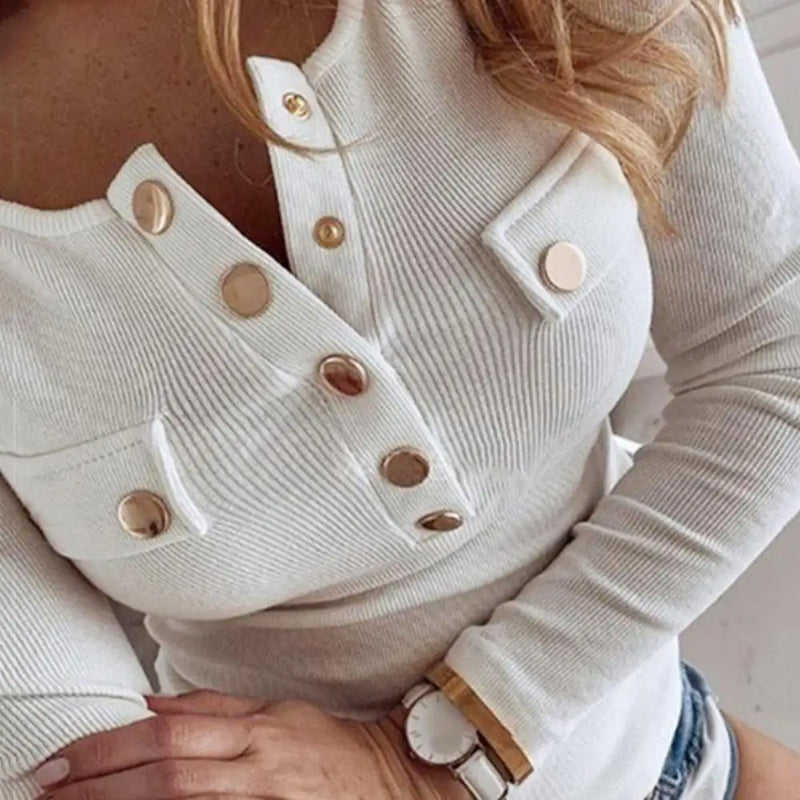 Women Sexy Solid Color Long Sleeve Blouse Plus Size Slim Buttons Ribbed Low-cut Blouse