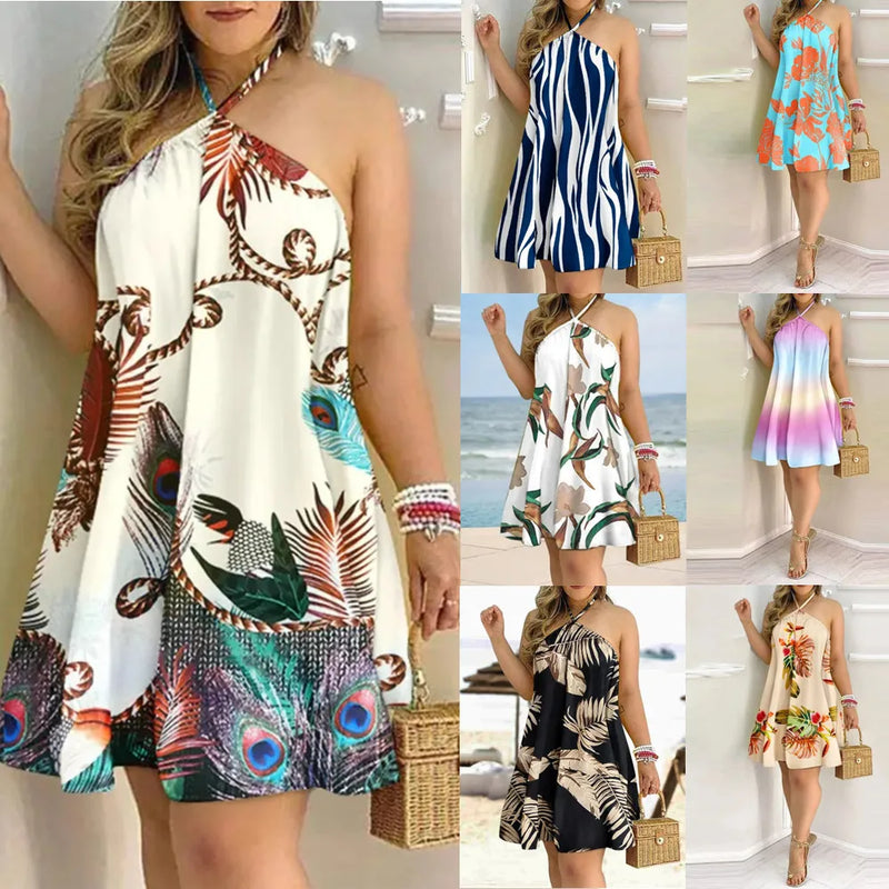 Tropical Print Halter Neck Dress, Vacation Style Backless Dress For Spring & Summer, Women's Clothing