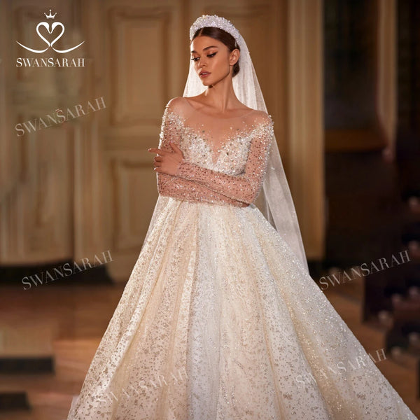 Crystal Long Sleeve Wedding Dress 2024 Shiny Ball Gown Court Train Princess Bride SwanSarah M108 Plus Size Vestido De Novia