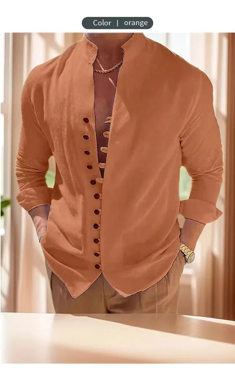 Men's long sleeve shirt cotton linen vintage solid color large size cardigan shirt casual loose high quality fashion men's wear