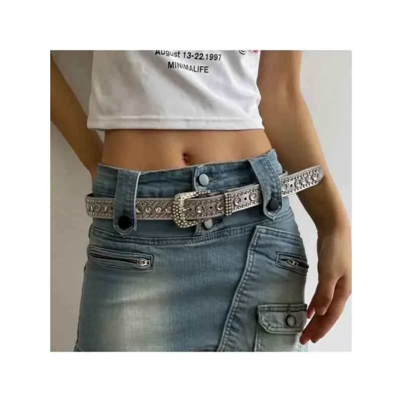 Y2K Women Fashion Solid Print Studded Full Rhinestone Belt PU Leather Bling Crystal Adjustable Glitter Waistband for Club Party