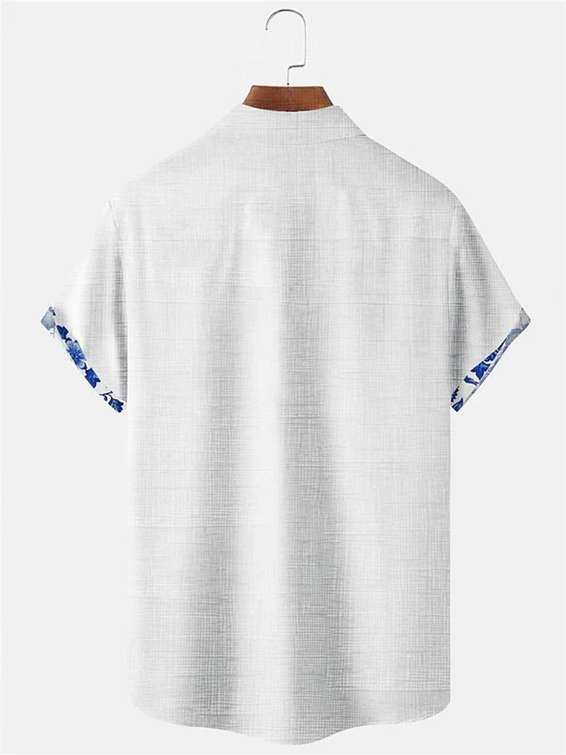2023 summer fashion men's Hawaiian linen shirt men's casual lace printed beach pocket short sleeve plus size jacket 5 colors.