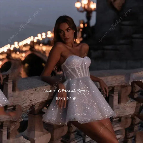 Qanz Sparkle Short Wedding Dresses Tulle Sweetheart A Line Bridal Gowns Above Kneen Length Party Dress Women Elegant Luxury 2024