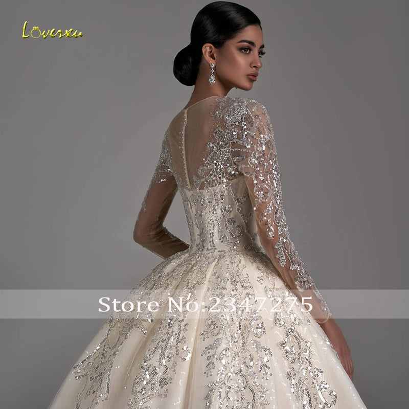 Loverxu Ball Gown Luxury Wedding Dresses 2024 O-Neck Long Sleeve Vestido De Novia Lace Beaded Chapel Train Glamorous Bride Dress