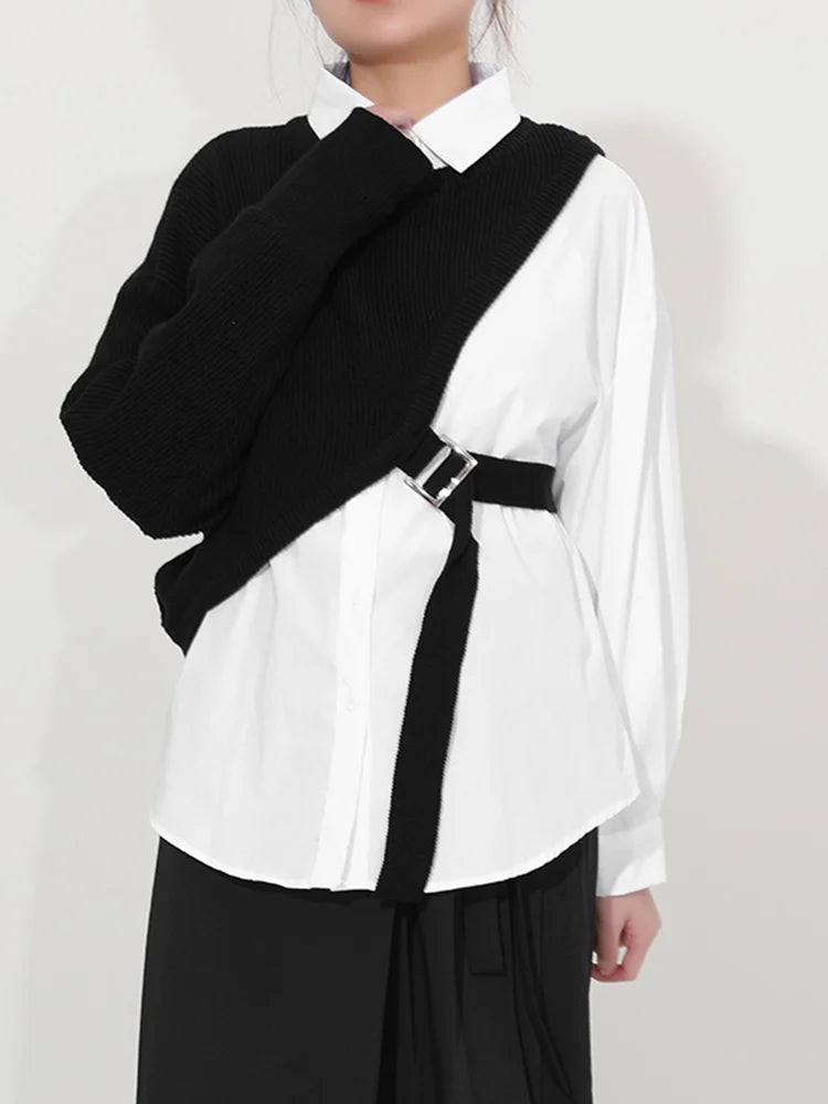 [EAM] Women White Knitting Split Big Size Blouse New Lapel Long Sleeve Loose Fit Shirt Fashion Tide Spring Autumn 2024 1DC019