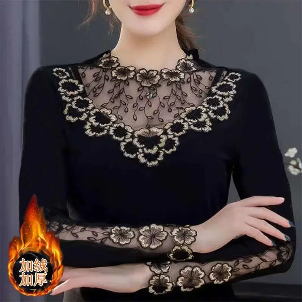 Blouse Women 2020 New Lace round Neck Fall Women's Clothing Mesh Long Sleeve Blusas Ropa De Mujer