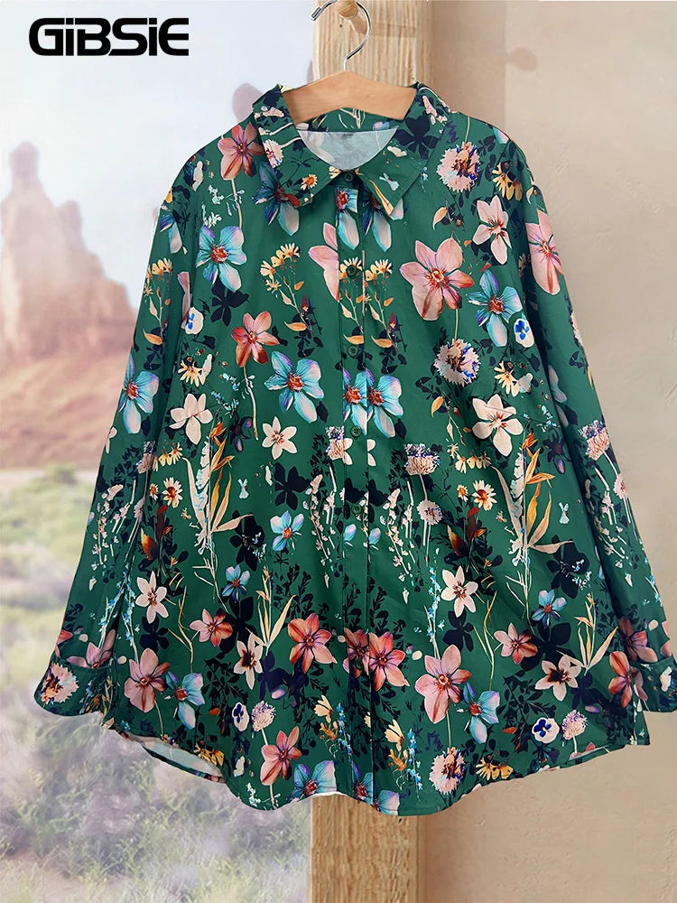 GIBSIE Plus Size Casual Floral Print Long Sleeve Shirt Women 2024 New Spring Boho Vintage Loose Single Breasted Blouse Shirts