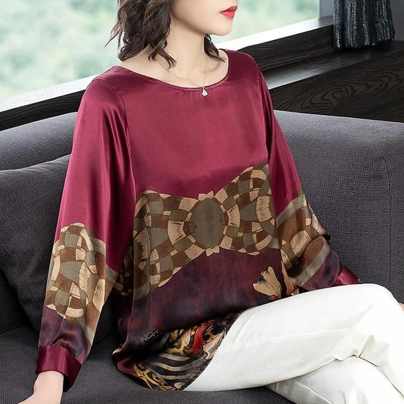 Summer Autumn Imitation Silk Fashion Print Loose Casual Shirt Ladies Oversized Long Sleeve Wild Elegant Blouse Top Women Blusa