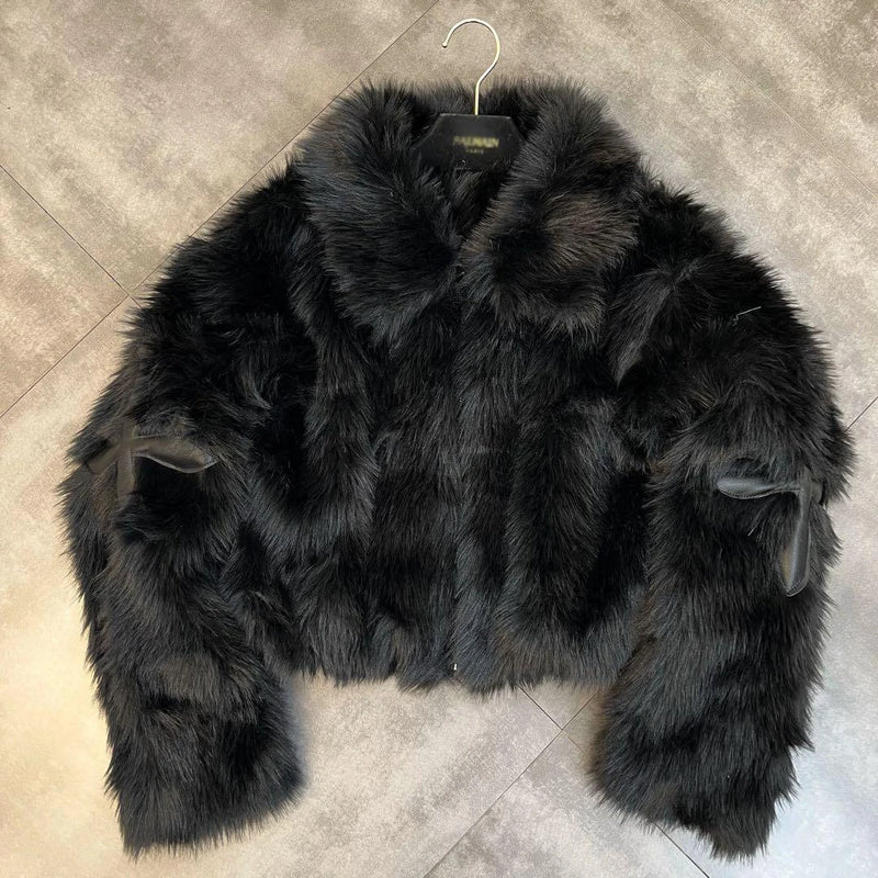 2024 Winter Women Jacket Lapel Long Sleeve Patch PU Cross Fur Cotton Coat