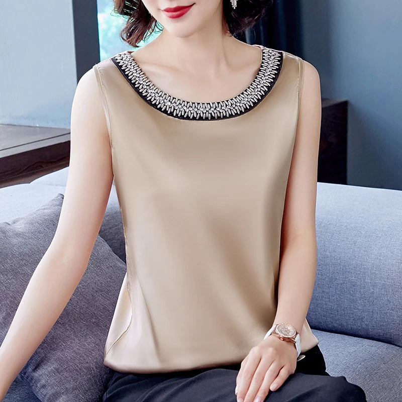 2023 Summer Women's Stylish V-neck Shirts and Blouses Fashion Elegant Satin Tops Silk Woman Office Lady Sleeveless Blusas 13741